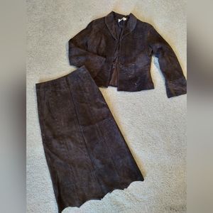 Vintage Suede Scalloped Embroidered Skirt Suit